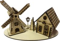 Lasercut-Holz-Haus-mit-Windm&uuml;hle-Modellbau-Dekoration