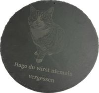 Lasergravur-runde-Schieferplatte-Gedenktafel-Fotogravur-Textgravur-Katze-Hugo